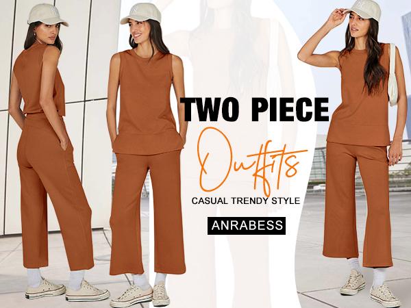 ANRABESS Women's 2 Piece Pants Sets Summer Travel Airplane Outfits Sleeveless Wide Leg Casual Lounge Crewneck Matching Sweat Set Women plus size Sweatsuits