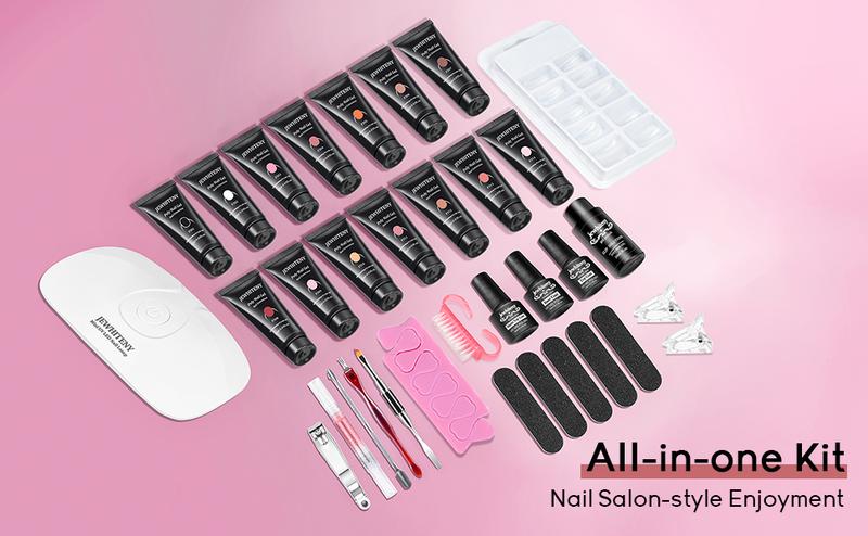 JEWHITENY Poly Extension Gel Nail Kit 14 PCS with Mini Nail Lamp and Slip Solution for Nail Art Design Beginners - Manicure