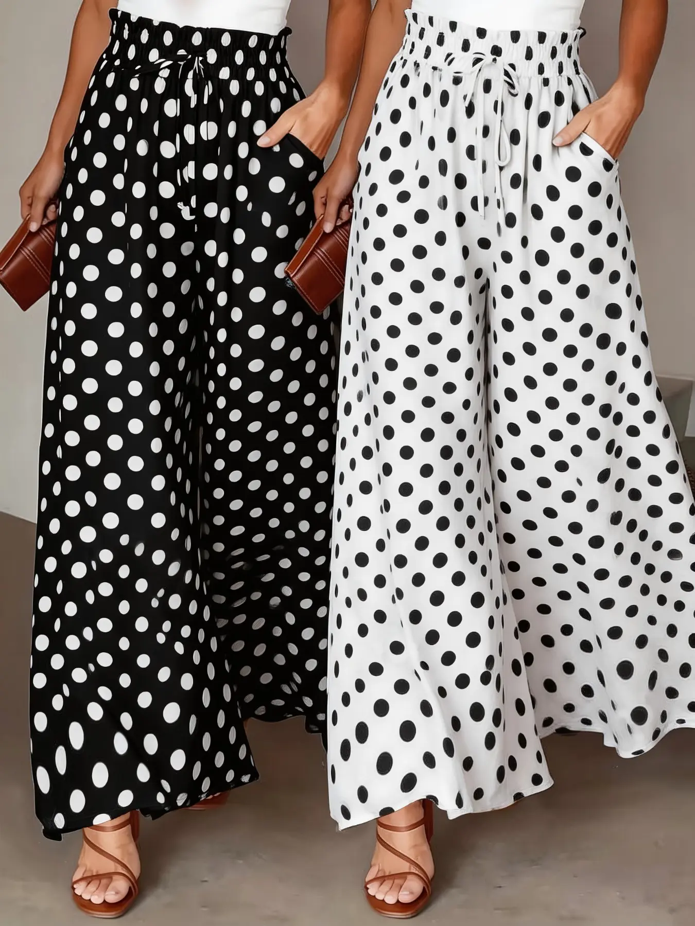 Two-Piece Set Women's French Elegant Vintage Polka Dot High-Waisted Wide-Leg Pants, Stylish and Comfortable Fashion Bottoms
