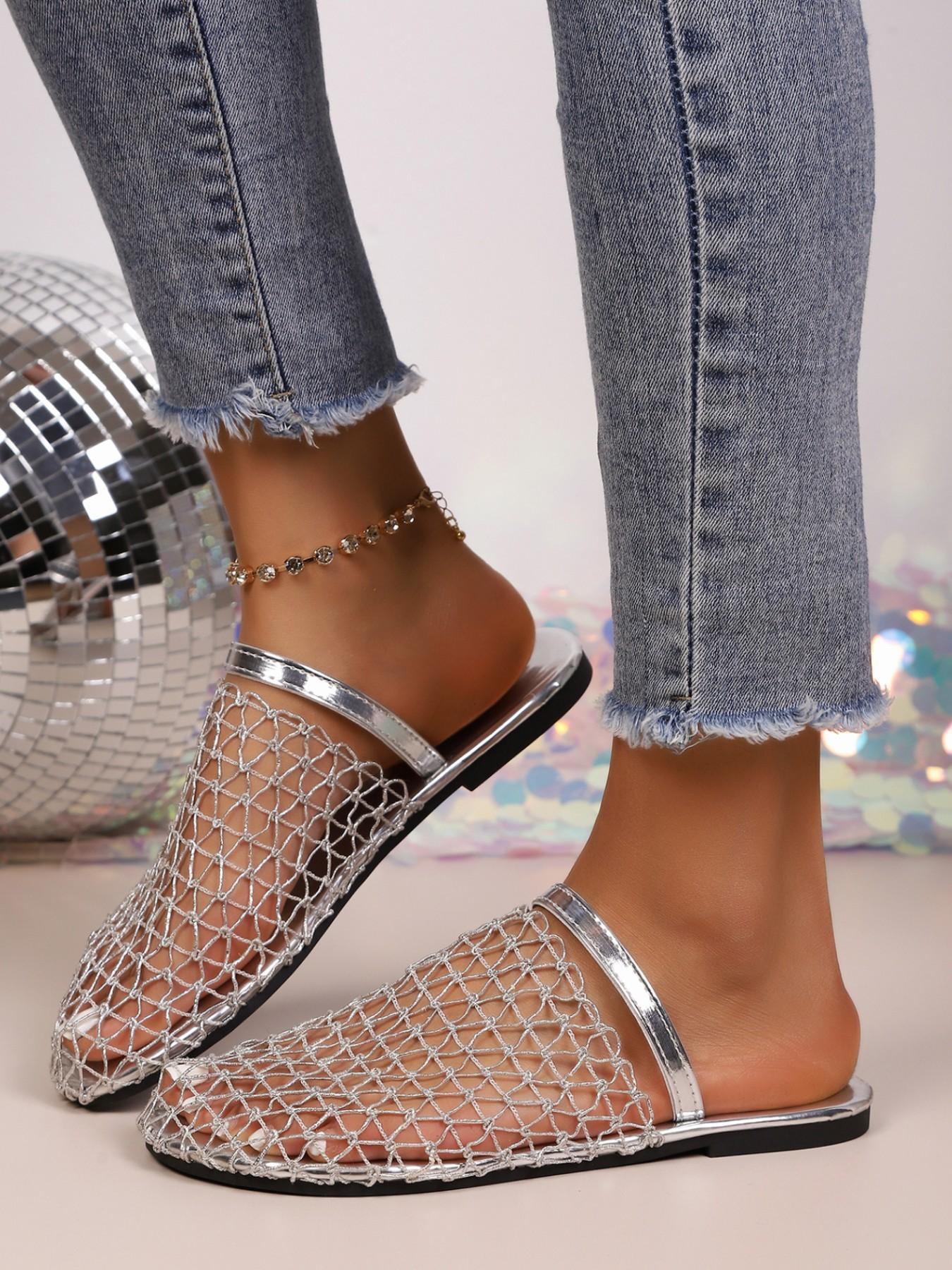 Women's YYW1 Fishnet Weave Hollow-Out Round Toe Flat Slip-On Casual Shoes, Large Sizes, Comfortable Walks for Daily Wear