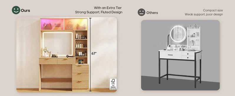 Sikaic Fluted Makeup Vanity with Sync Music LED Lights and Glass Top Mid-Century Modern Wooden Vanity Desk with Mirror, Power Outlet, Glass Cabinet, 4 Shelves and 5 Drawers