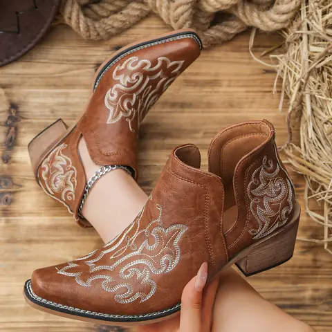 Women's Western Boots, Embroidered Pointed Toe, Durable Wood Grain Heel, Vintage Fabric, Outdoor Style, All Seasons, PU Leather, Rubber Sole, Vintage Cowboy Boots