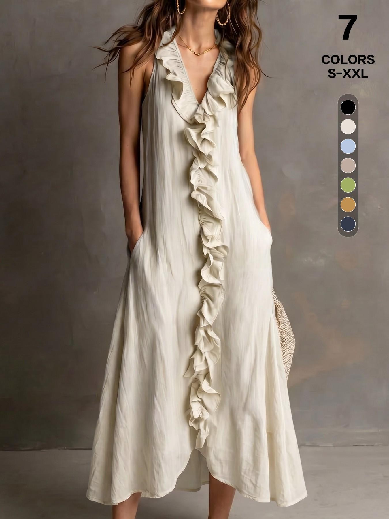 Elegant Chic Summer Boho Bohemian V-Neck Sleeveless Halter Maxi Dress for Women with Ruffle Trim, Comfortable Textured Fabric, Pockets, Multi-Size, Casual Wear, Everyday & Vacation Wear, Womenswear