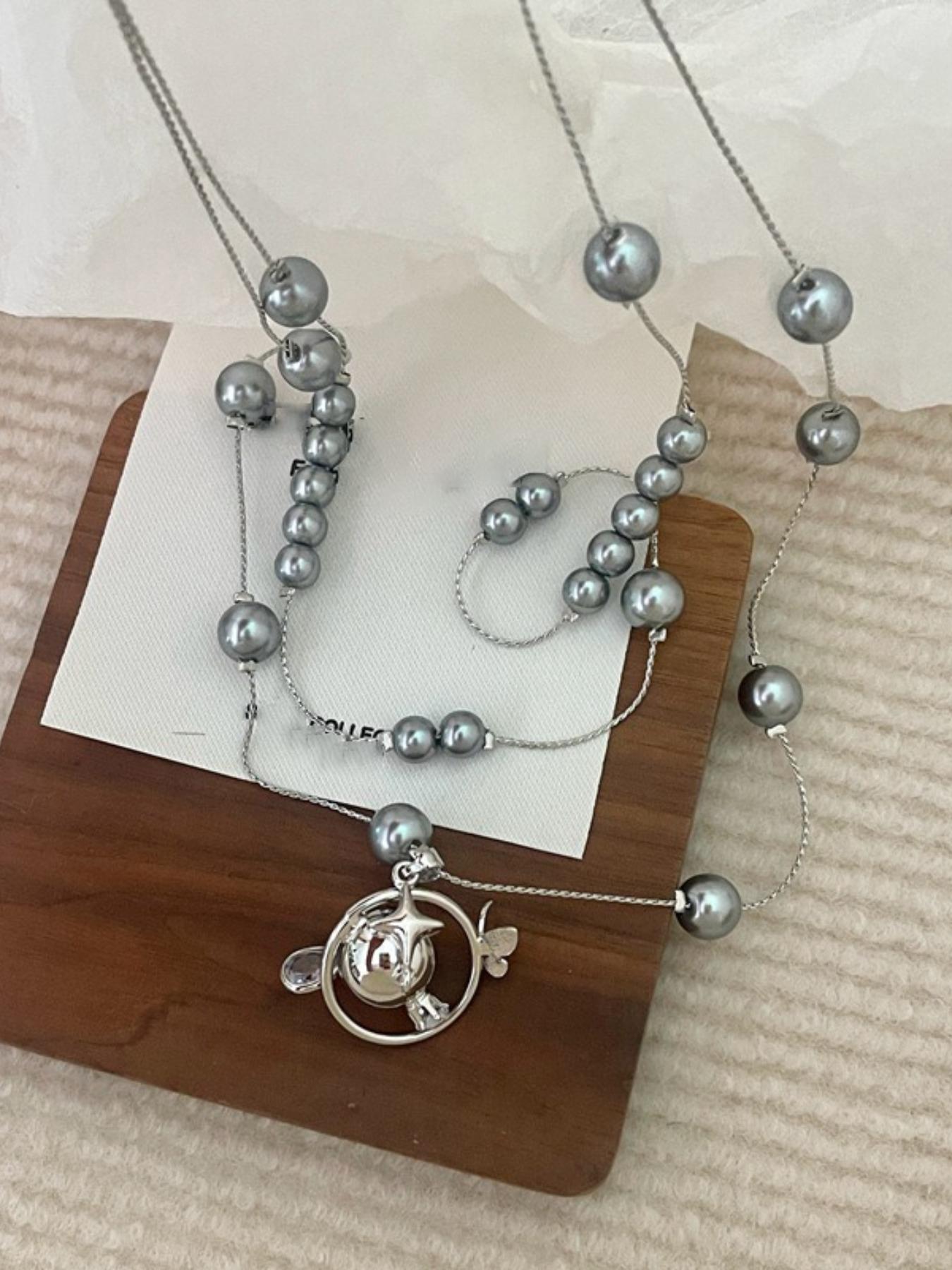 Elegant Rhinestone Saturn Pearl Pendant Necklace, French Luxury Style Choker Chain, Unique Fashion High-End Jewelry for Women