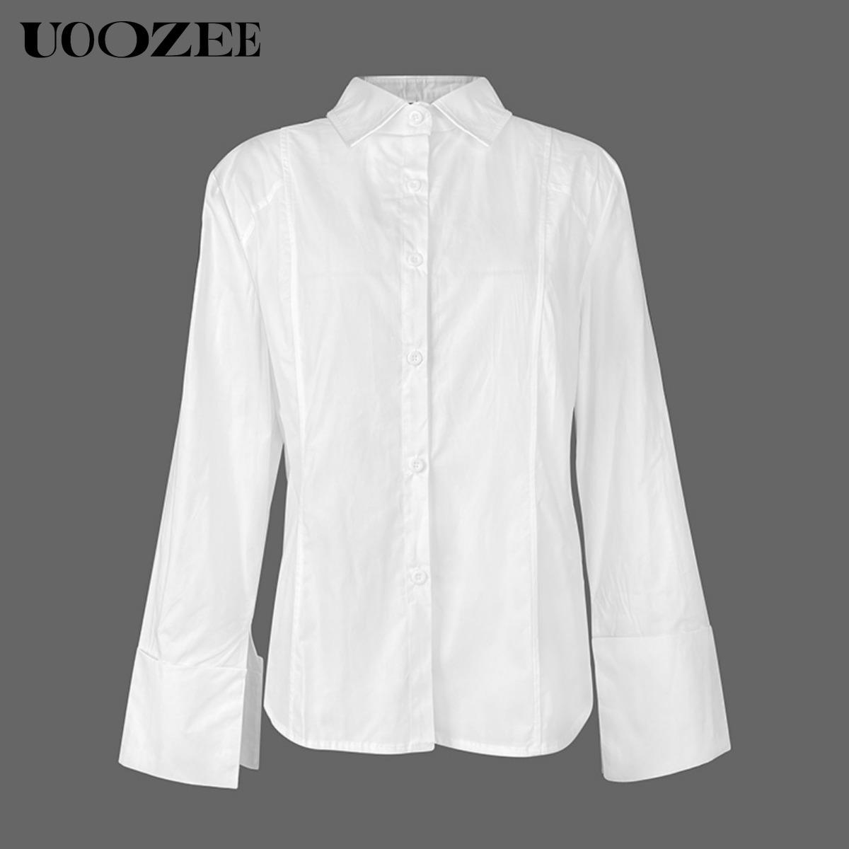 UOOZE Women's long-sleeved Slim Fit button-down solid color lapel shirt top, 100% cotton, embellished with gold buttons, suitable for multiple occasions all seasons blouses (One Size Up Recommended for C - Cup and Above) Casual cute fall outfits SpringSta