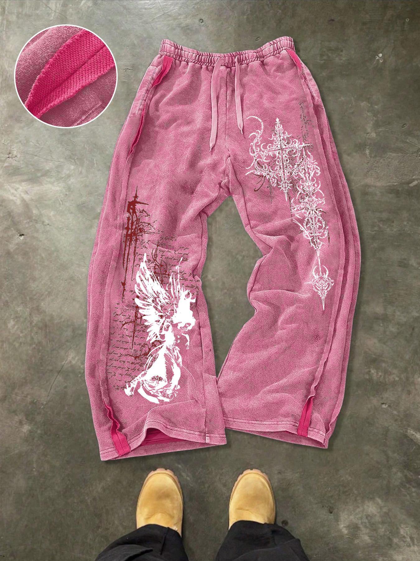 Men's Washed Cotton Sweatpants with Side Hem Stitching Design, Gothic Print Pattern, Comfortable Casual Pants for Daily Wear