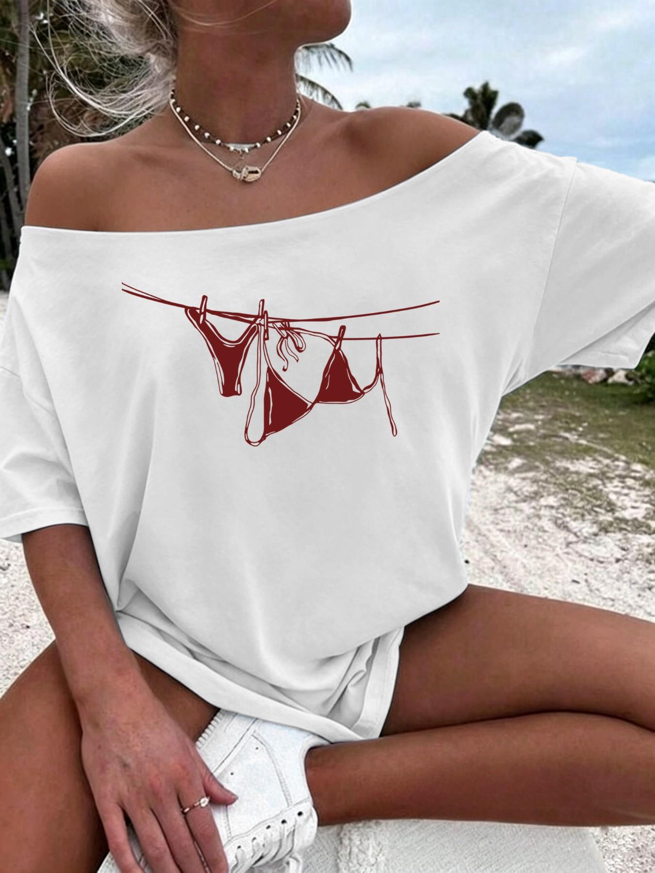 Women's Oceanic Turtle Print Off-Shoulder Loose Summer T-Shirt, Casual Fashion Loose, Casual Short Sleeve Bohemian Beach Top, Boho Casual Wear
