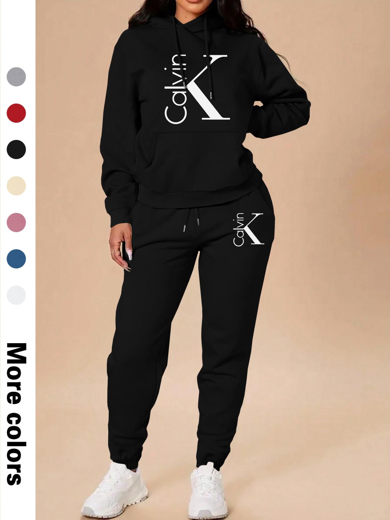 Spring Fall Thin Women's Casual Hooded Sweatshirt Set, Long Sleeve Letter Print Top + Pants, Fitted Sportswear with Pockets