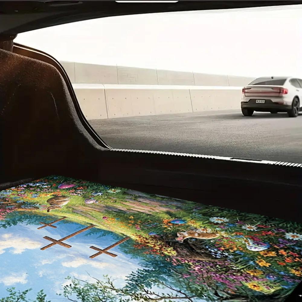 1pc Stylish Car Trunk Mat | Easter Scene with Wooden Crosses, Colorful Flowers, Rabbits, and Easter Eggs in a Mountainous Field - Durable Polyester, Keeps Trunk Dry & Clean, Adds to Vehicle Interior
