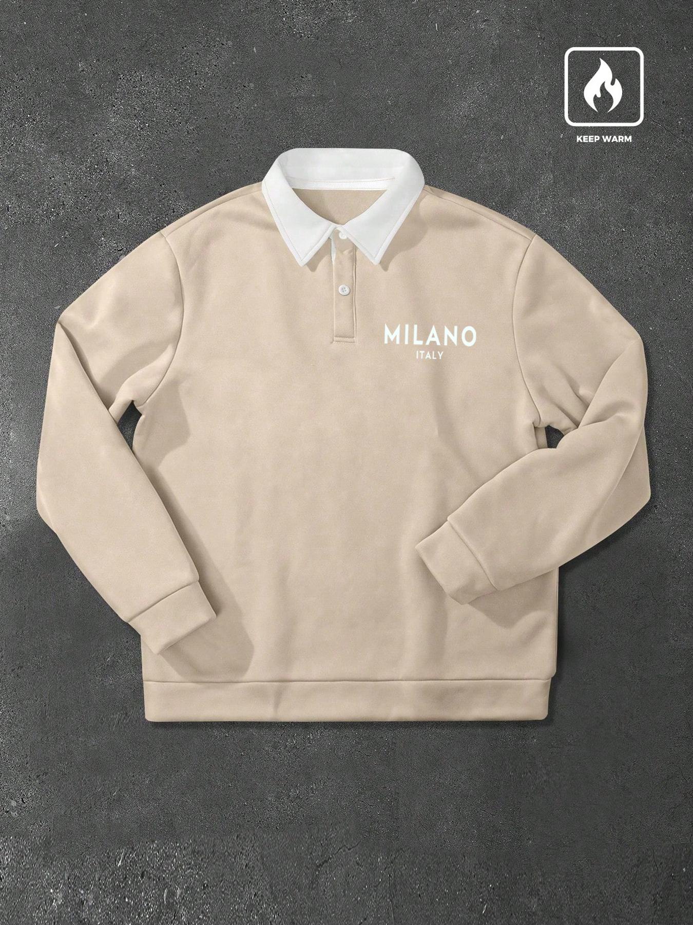 Men's Loose Fit Polo Collar Sweatshirt, Milano Print Long Sleeve Vacation Pullover, Perfect Gift for Friends Husband Boyfriend