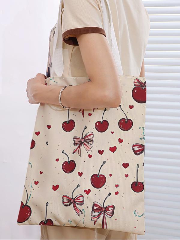 Cherry Bowknot Pattern Casual Storage Bag, Cherry Print, Night Scene, Fashionable and Trendy, Suitable for Daily Shopping, Office, Various Occasions