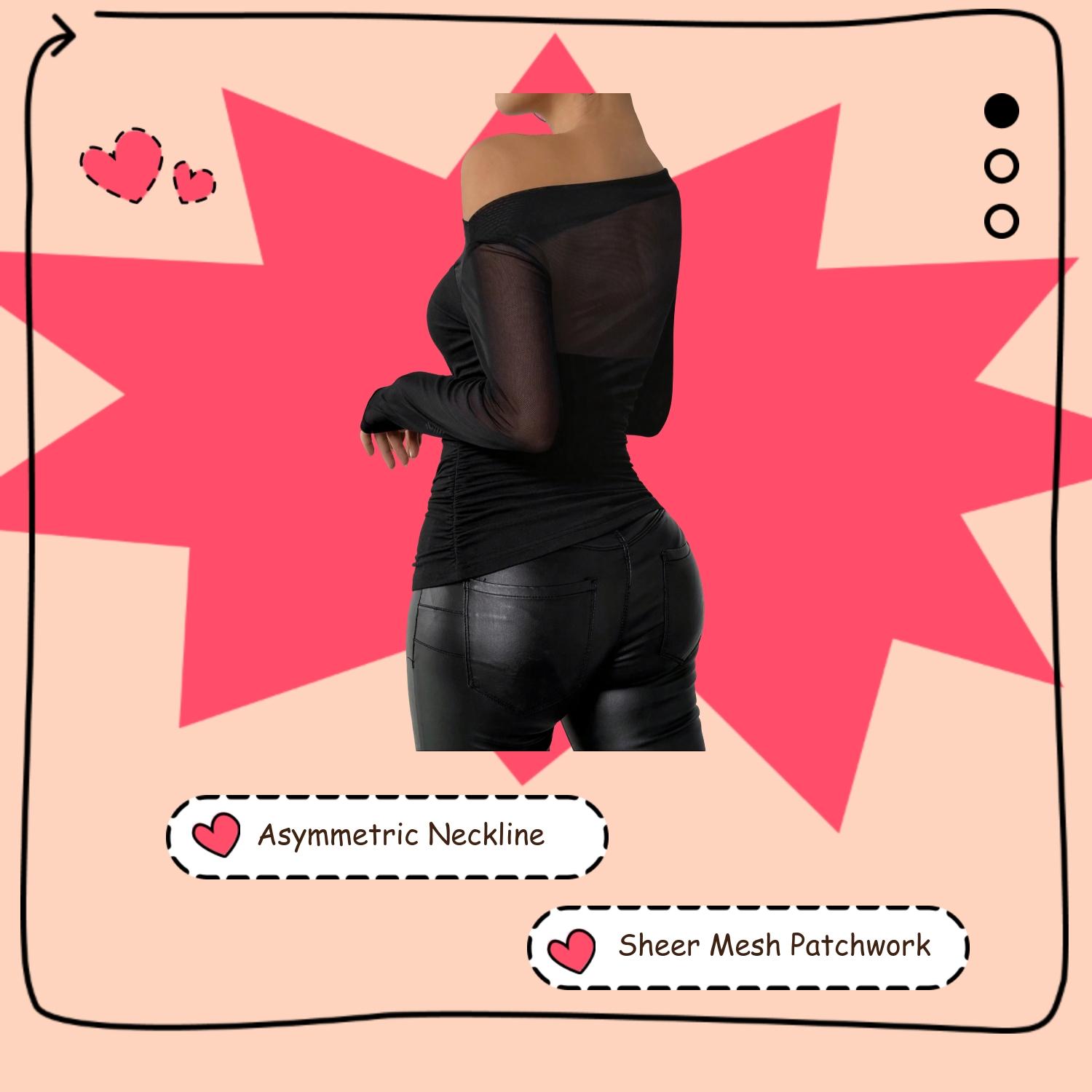 Women's Sexy Sheer Mesh Patchwork Asymmetrical Shoulder Long Sleeve Slim Fit T-Shirt, Stylish Casual Top for Daily Wear