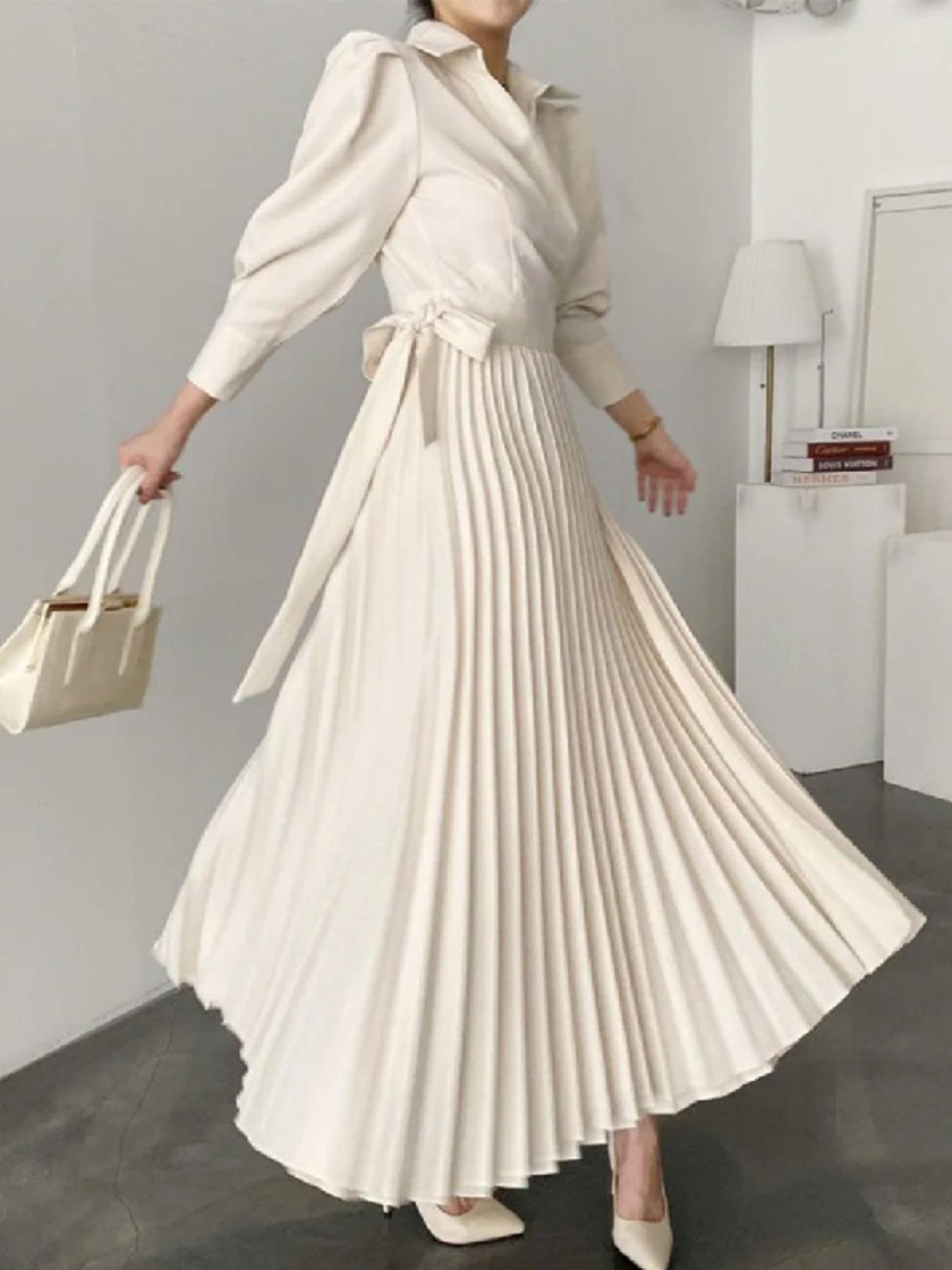 Women's Solid Notched Neck Wrap Pleated Belted Shirt Dress, Elegant Fashion Long Dress for Daily Holiday Work Office Wear, Fall Clothing Women, Dresses for Women, Women Dress for Spring Fall, Elegant Fit Dress