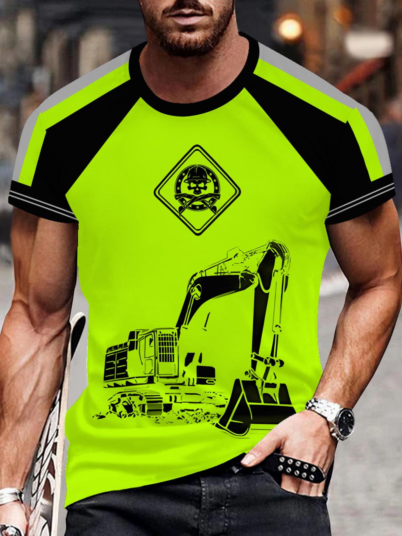 Men's Fluorescent Skull T-Shirt, Construction Worker Style, Half Sleeve, Loose-Fit, Casual Fashion, Long Clothing