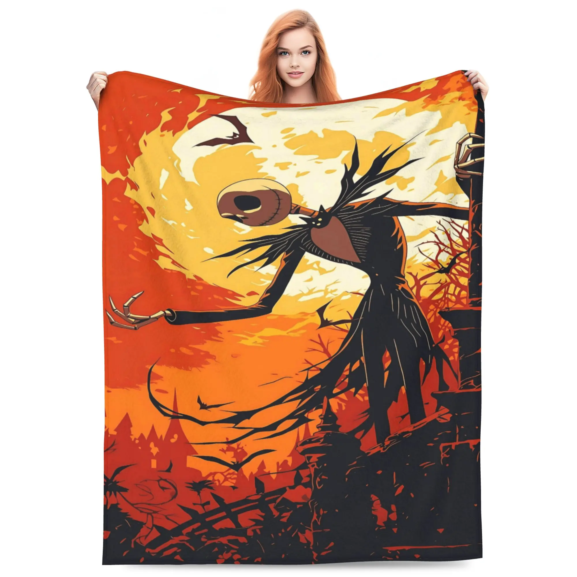 Disney Classic The Nightmare Before Christmas Jack Skellington Flannel Throw Blanket, Pumpkin King Jack, Orange Halloween Sunset Sky, Big Full Moon Bats Spooky Castle Silhouette Art Print Soft Cozy Blanket for Sofa Bed Holiday Fans Gift