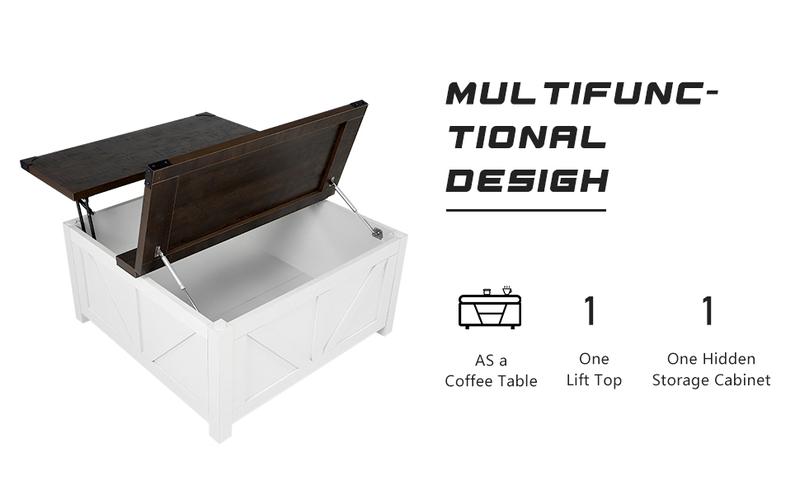 Farmhouse Lift Top Coffee Table with Storage, Wood Square Center Table with Charging Station&USB Ports, Living Room Central Table w/Large Hidden Space, for Living Room, Bedroom, Home Office