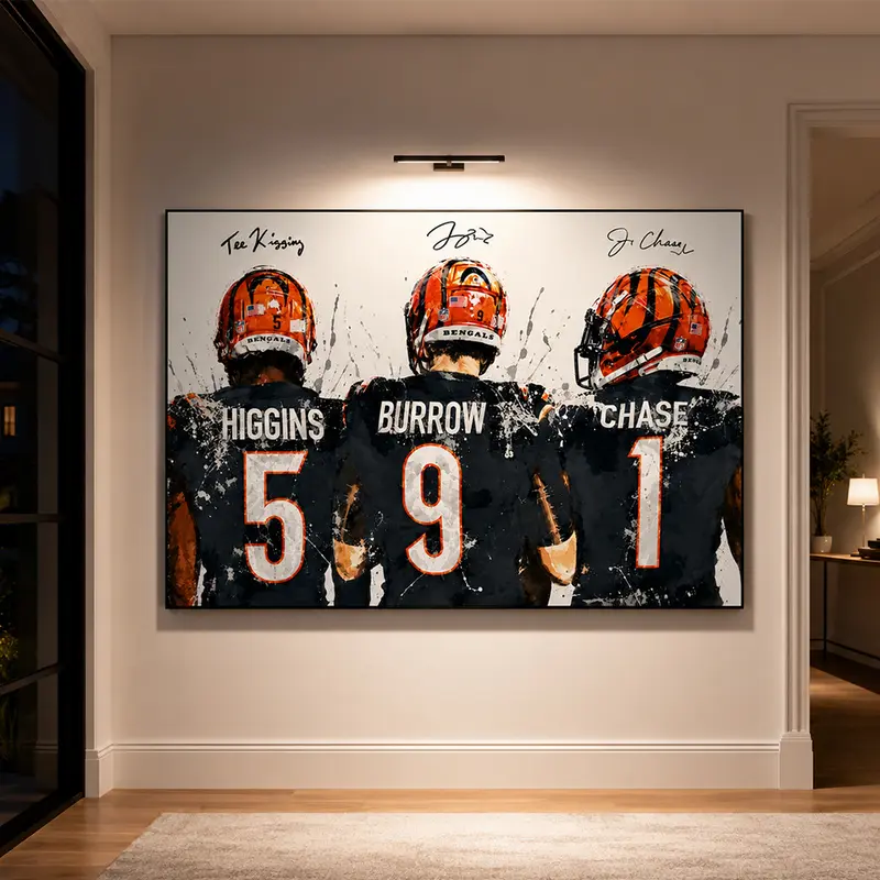 Football Player Trio Watercolor Splash Wall Art Poster, Offensive Stars Home Decor for Man Cave, Sports Fan Gift