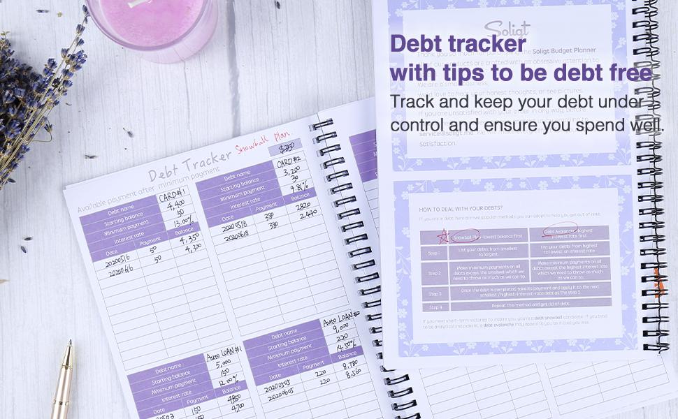 Soligt Monthly Budget Planner Book (Undated) with 12 Pockets for Income, Debt, Saving, Expense and Bill Tracker Organizer, Purple, Spiral Design