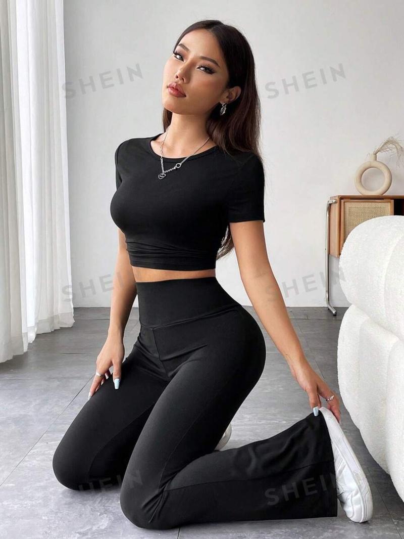 Women's Solid Top & Flare Leg Pants Set, Casual Chic Fashion Cozy Round Neck Tee & Bell Bottom Trousers for Daily Outdoor Wear, Ladies Clothes for All Seasons