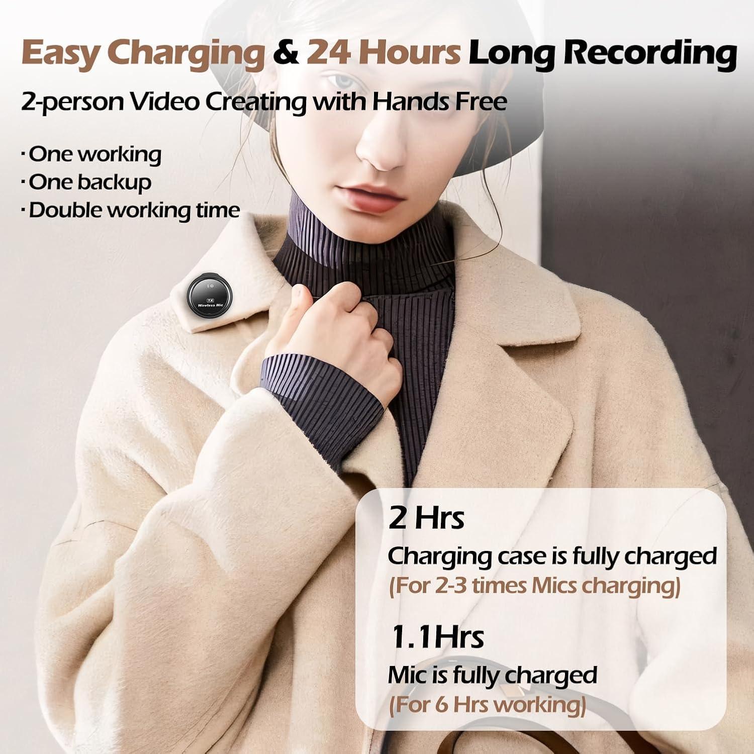 Wireless Microphone with Charging Case, Noise Reduction Lavalier Mic for YouTube TikTok Vlog Interviews, Rechargeable Microphone for iOS Android PC, Wireless Lavalier Mics