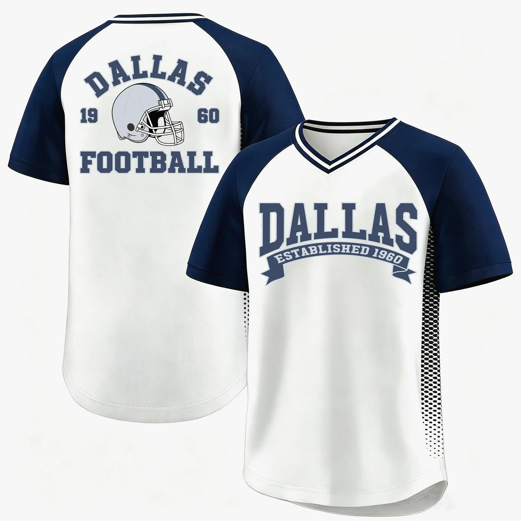 Game Day Fan Football T-Shirt, White Navy Raglan V Neck Dallas Football Helmet 1960 Print Athletic Tshirt, Unisex Holiday Daily Fan Gift Outfit # GameDay # RetroFootballTshirt # VNeckSportTee # Christmas Party Outfit # FanGiftForHimHer