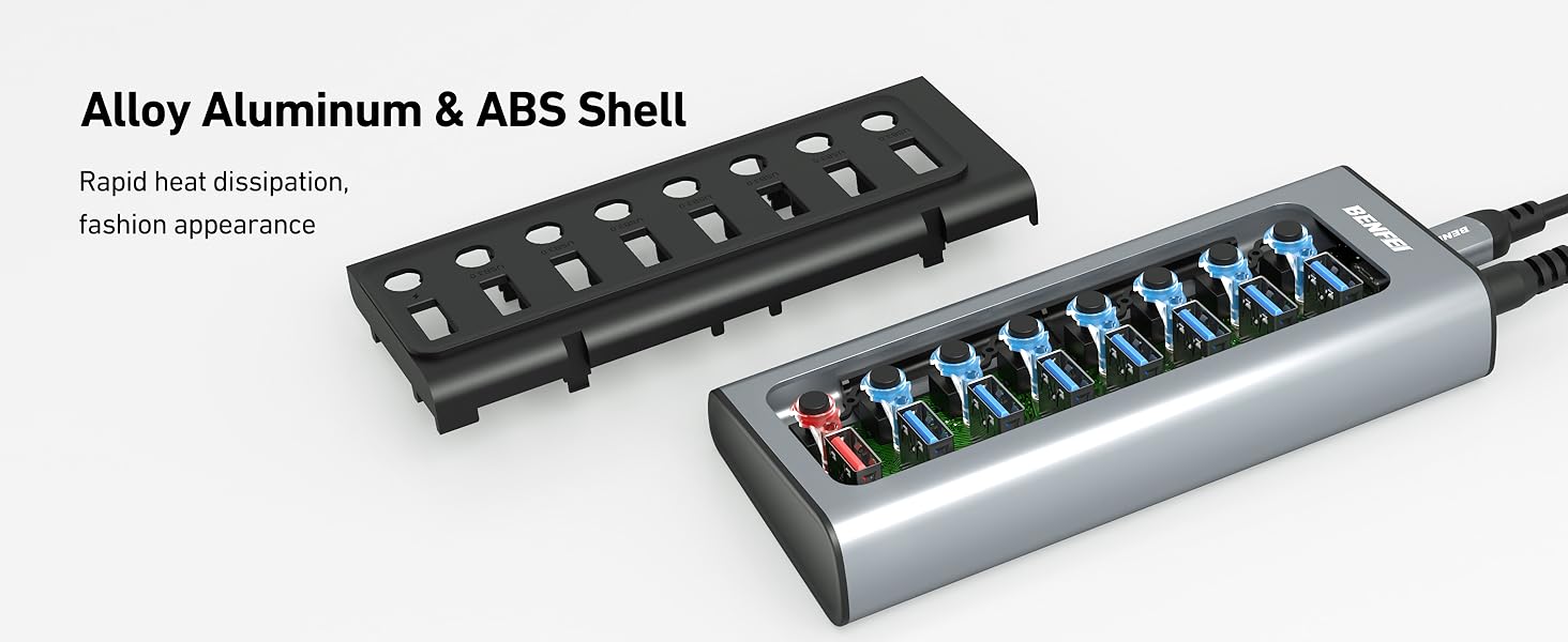 BENFEI Powered USB Hub with 7 Data Transfer Ports+1 Smart Charging Port USB Splitter Individual LED On/Off Switches