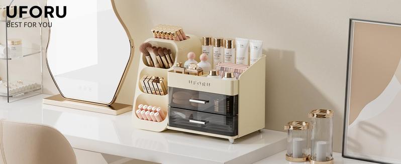 Large Capacity Makeup Storage Box, Multi-functional Makeup Brush Lipstick Eyebrow PencilPocket Mirror Storage Box, Desktop MakeupOrganizer for Home & Travel, Makeup Box,Cosmetics Organizer Storage Pink