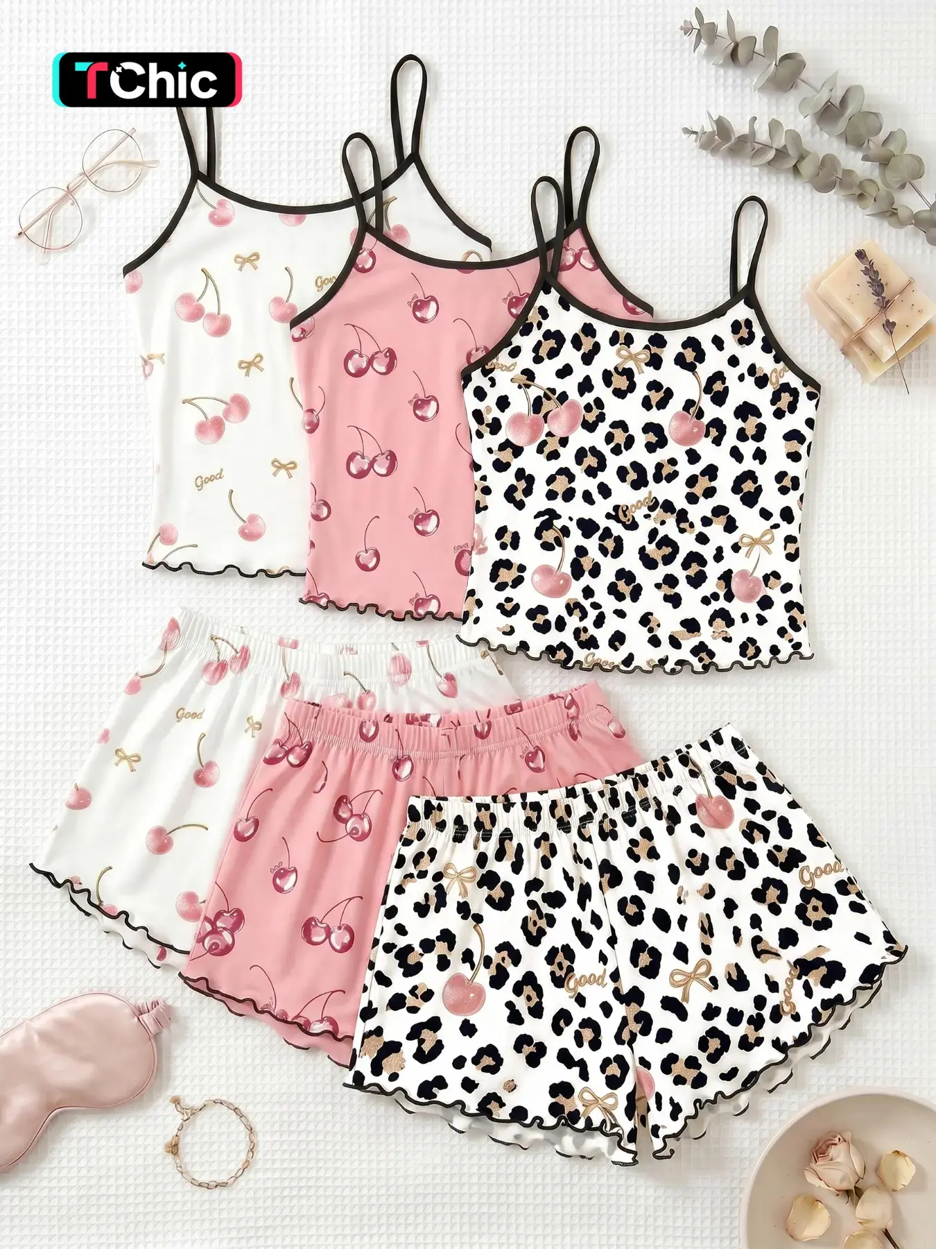 Cherry Print Halter Spaghetti Strap Short Pajamas Set, Trim Ruffle Design, Sweet Cool Girl Style, Breathable Home Sleepwear, 3-Piece Combo