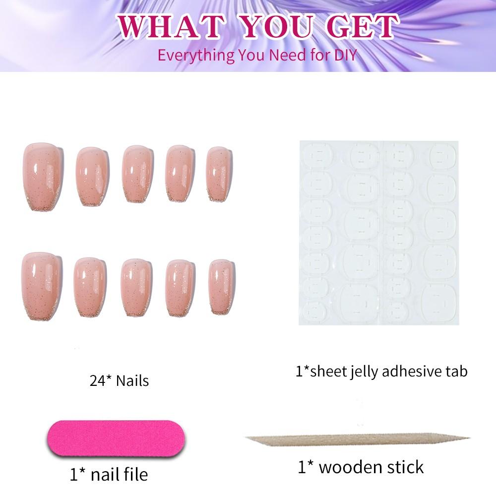 24pcs Nude Fine Gold French Nail Tips, Soft Diamond Gradient Nail Art Manicure, Luxurious Finish, Medium Square Shape