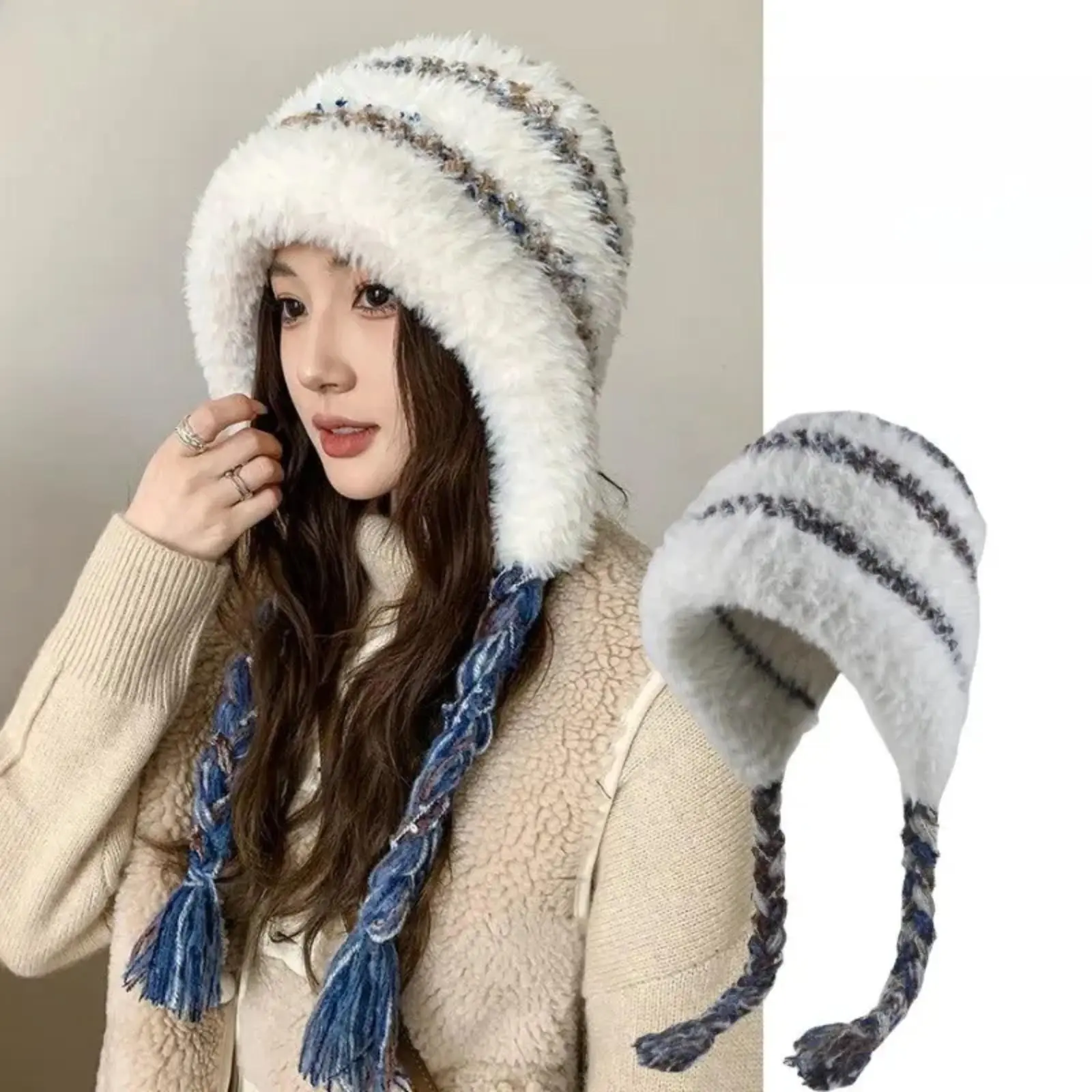 Women’s Cold Weather Outfits Thick Plush Knitted Wool Beanie - Adjustable Wearable Hats, Casual Warmwear, Full Ear Wrap, Color Strap, Windproof, Loose Stretch-Fit Thermal Pullover for Cycling, Thick Plush Wool