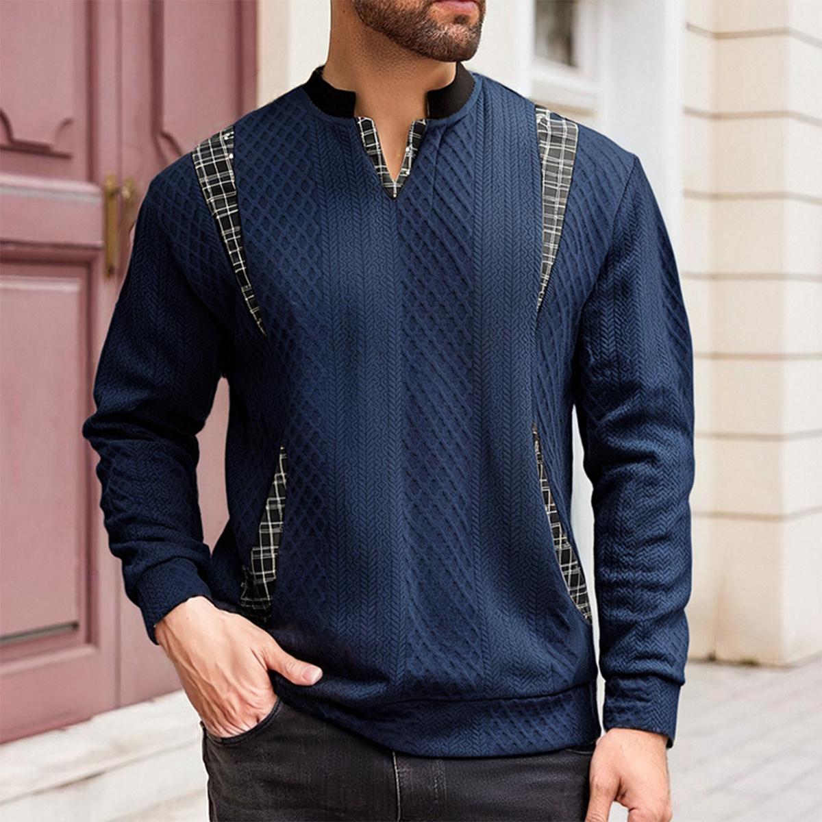 Men's Long Sleeve Crewneck Pullover & V-Neck Top - Polyester, Diamond-Patterned, Plaid-Spliced, Retro Color-Block, Striped, Contrast Stripes, Foldable Casual Autumn Winter Streetwear Sweatshirt