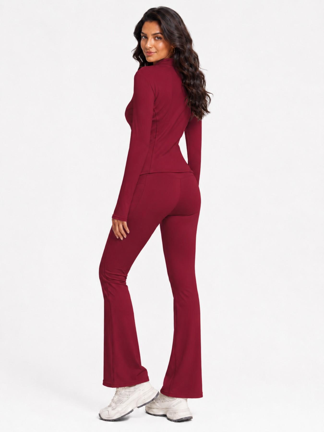 Women's Sport Set 2 Piece Outfits, Slim Fit High Stretch Activewear Running Zip Up Jacket and High Waist Flared Yoga Pants Tracksuit with Pockets Sportswear Set Athletic Clothes Set