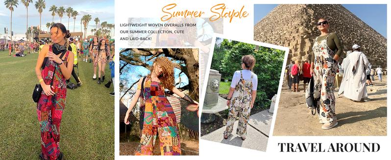 Yeokou Women's Patchwork Dual Pocket Jumpsuit Loose Floral Print Bohemian Wide Leg Bib Overall