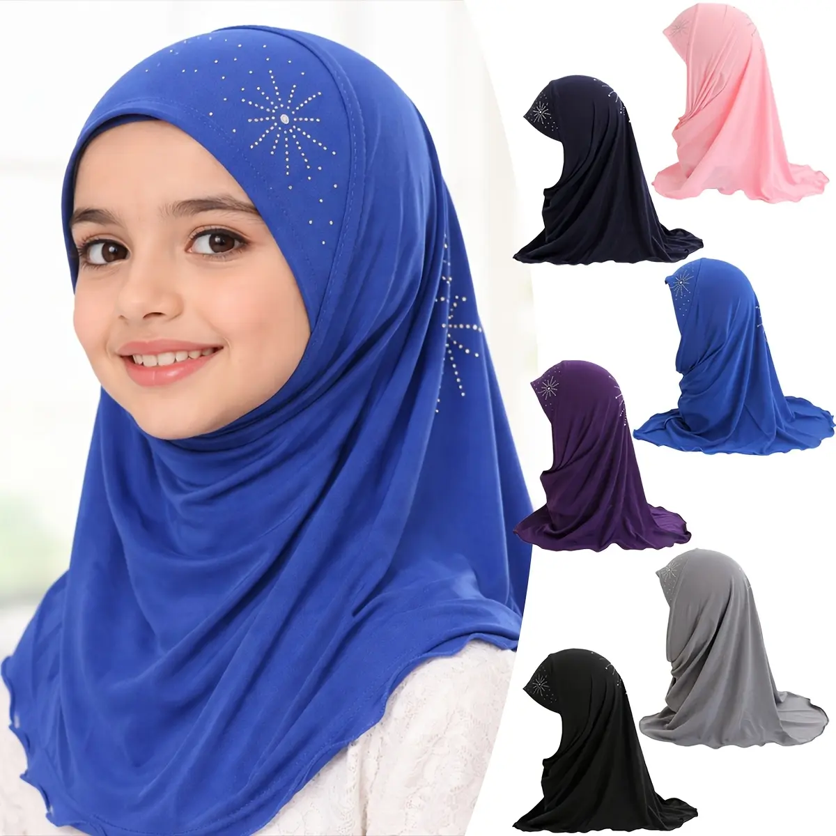 Beautiful, Exquisite And Adorable. Suitable for Children Aged 2 to 7. Sun-Shaped, Diamond-Studded Patterned Delicate Headscarf for Little Girls. Cute Hat And Sheer Scarf