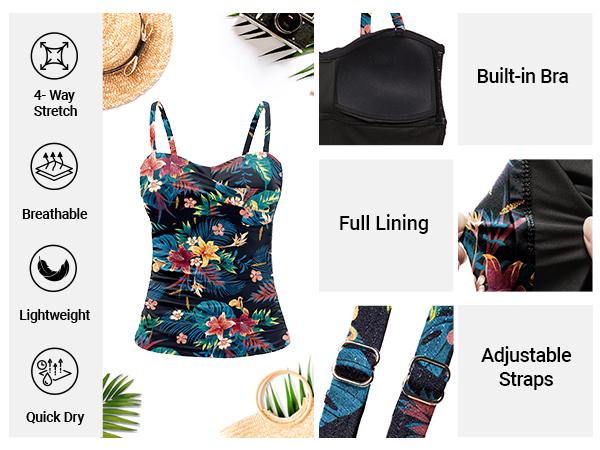 Holipick Tankini Top for Women Twist Front Bandeau Swim Top Tummy Control Bathing Suit Top Only No Bottom