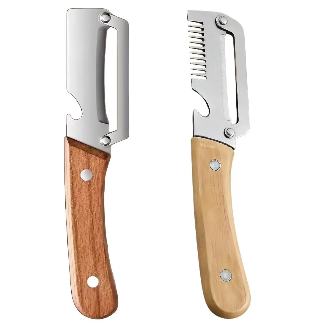 2-Piece Multifunctional Kitchen Vegetable Peeler with Stainless Steel Blade, Wooden Handle & Bottle Opener for Sugarcane, Potatoes, Fruits