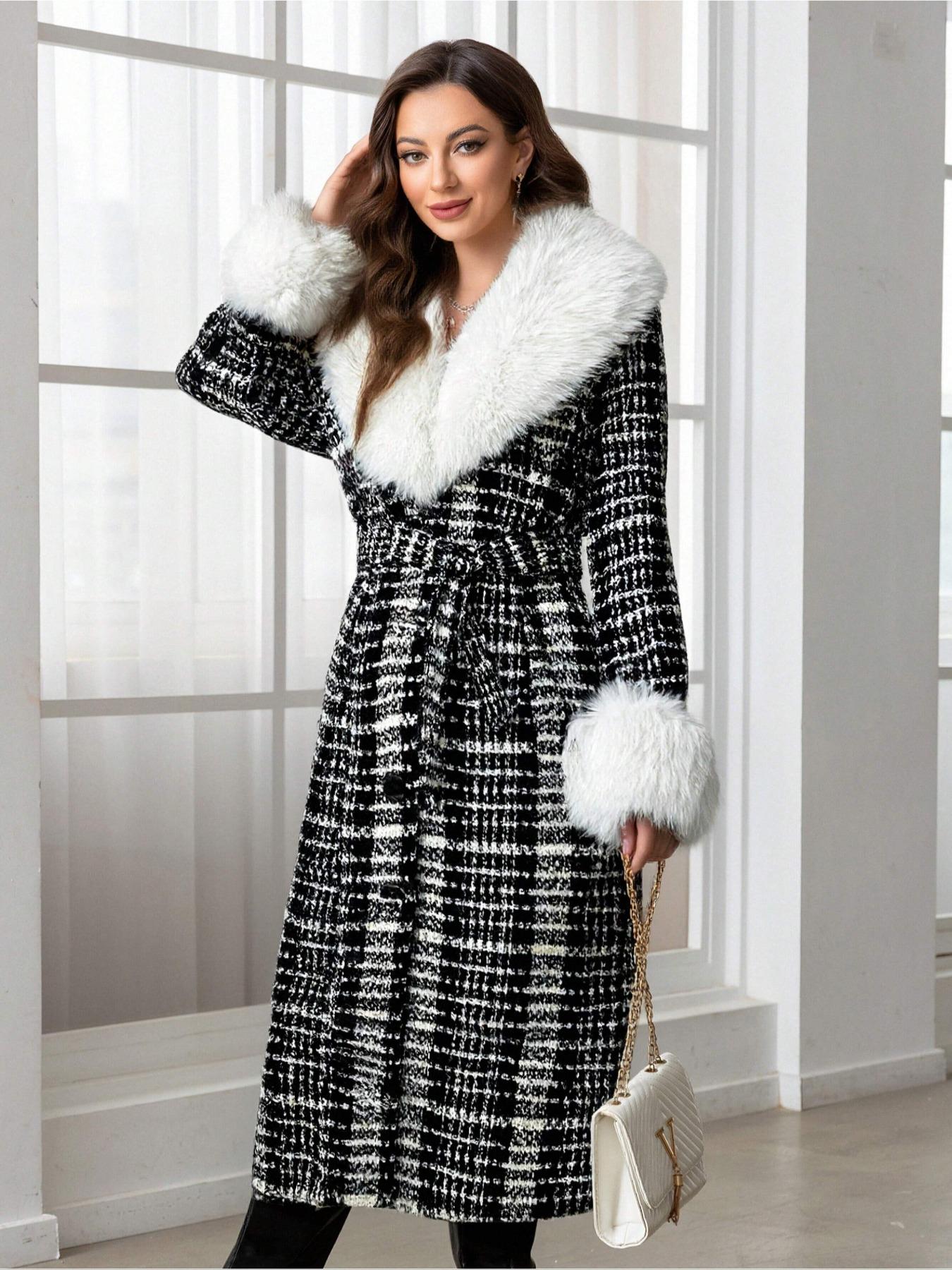 Women's Fall Winter Mid-Length Solid Color Coat, Warm Fitted Coat with Fur Collar, Waist Belt & Pockets, Casual Style, Jackets