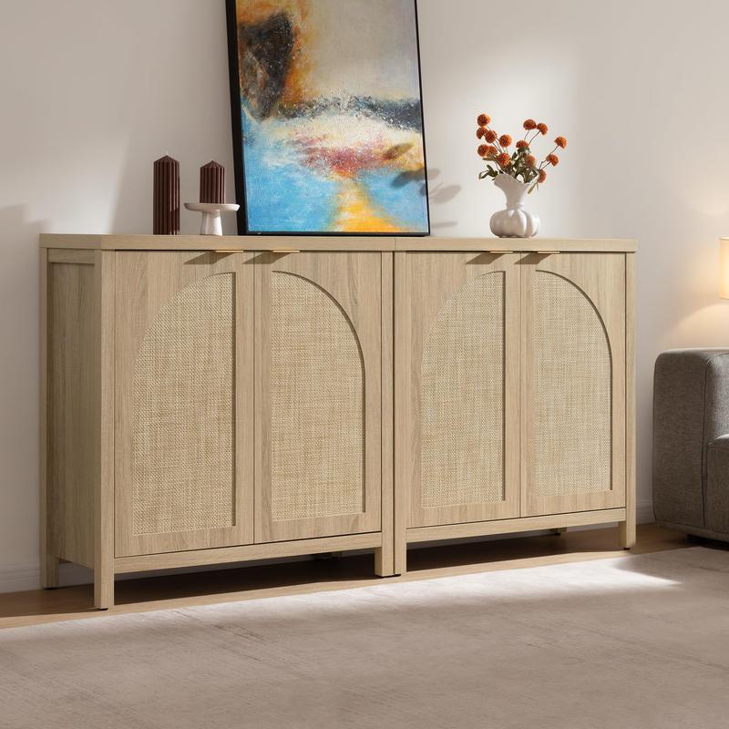 SICOTAS Accent  Storage Cabinet with Rattan Doors, Room Decor Sideboard Buffet Cabinet with Adjustable Shelves, Multifunctional Console Table Rattan Credenza for Dining Room Living Room Entryway, Versatile Design