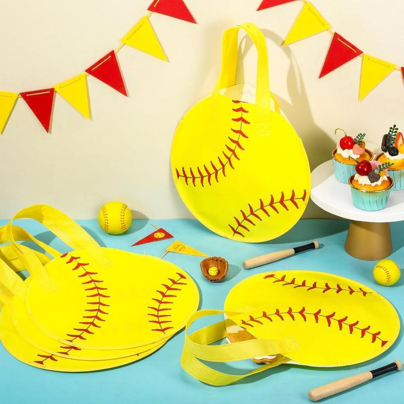 12 Pcs Softball Party Favor Bags10*10 Inch Softball Gift Bags with Handle Round Non Woven Gift Pouches for Goodie Candy Snacks Sports Themed Birthday Party Supplies