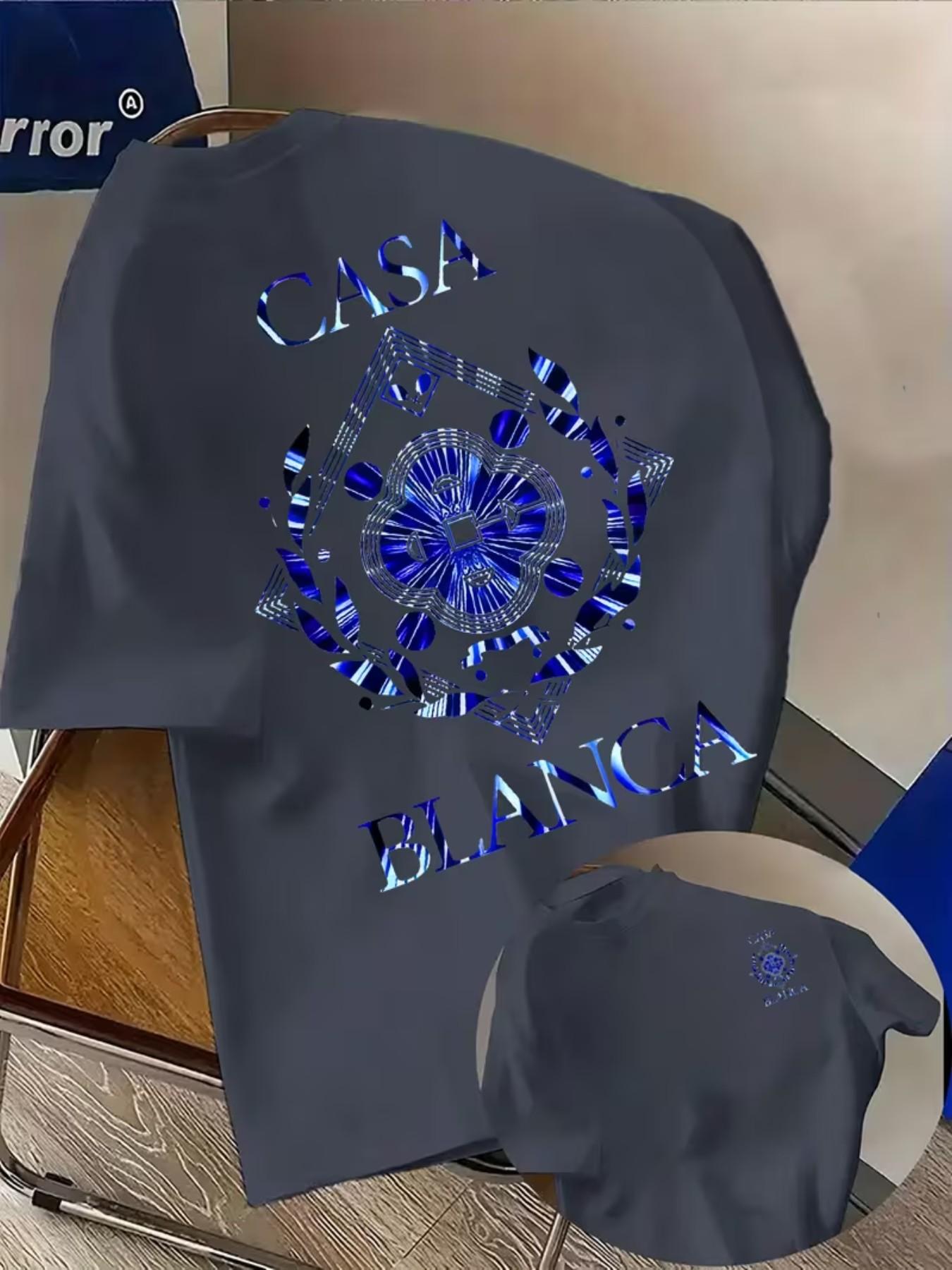 Men's Casual Geometric Print T-Shirt, Casablanca Pattern, Round Neck Short Sleeve, Street Fashion, Soft Polyester Fabric