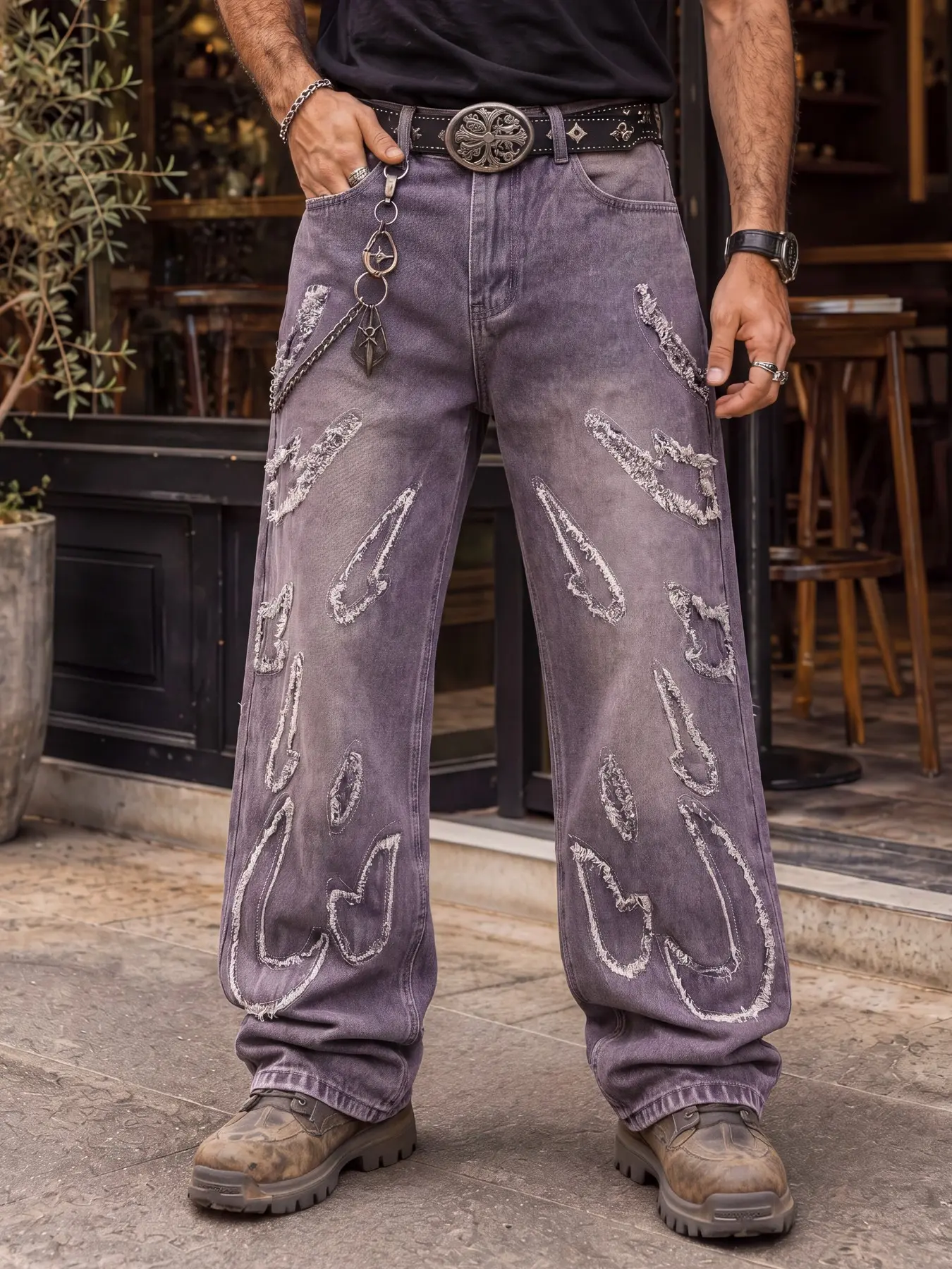 Men's purple-red washed loose denim pants, featuring flame-inspired frayed detailing, suitable for vintage street fashion outfits