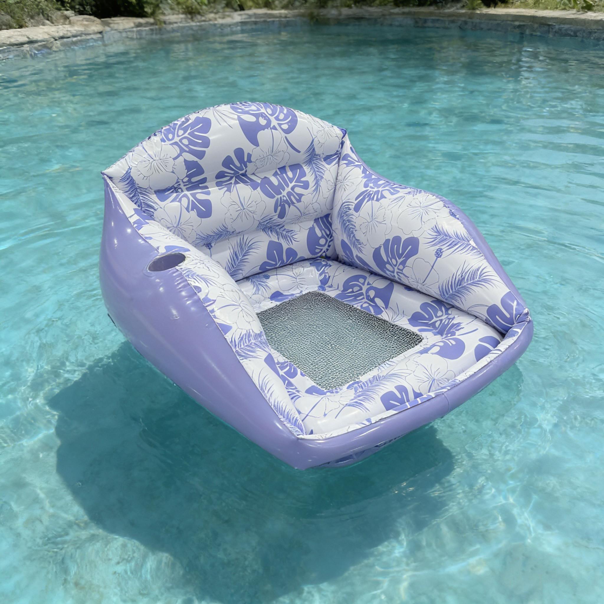 Adult Large Inflatable Water Sofa, Tropical Style Float Chair with Cup Holder, Pool Toy, Outdoor Use, 3-In-1 Inflatable Lounge