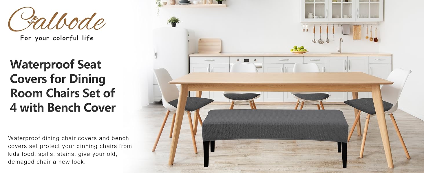 Waterproof Seat Covers for Dining Room Chairs Set of 4 with Stretch Bench Slipcover Chair Covers Removable Washable Chair Seat Cushion Protector(Dark Gray, 5 PCS)