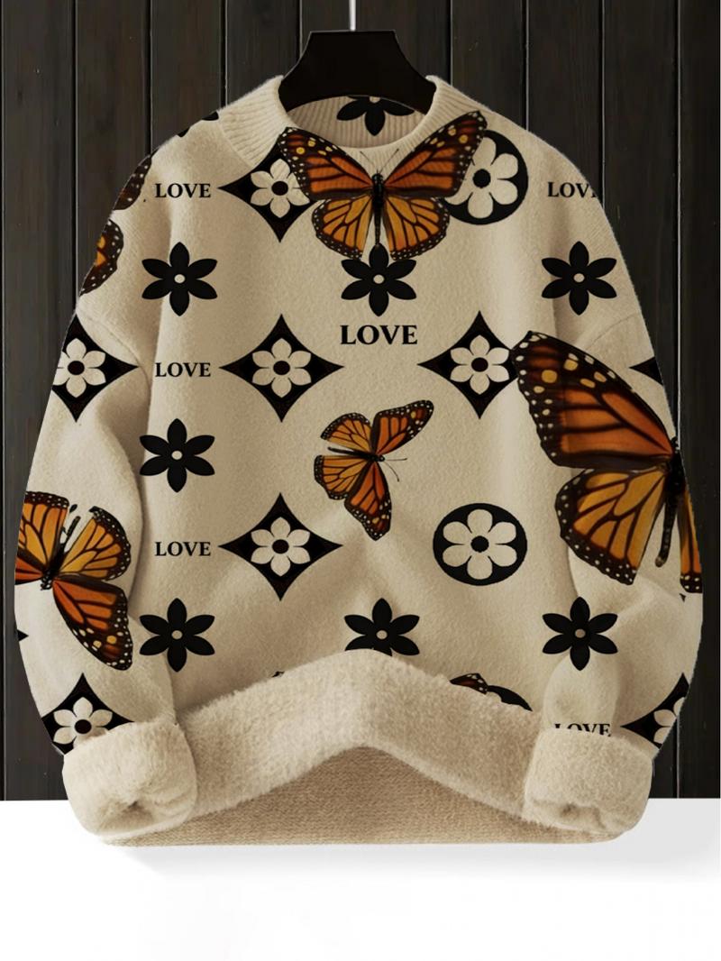 Women's Butterfly Print Stand Collar Sweater, Casual Long Sleeve Knitwear for Fall Winter, Comfortable Warm Daily Wear