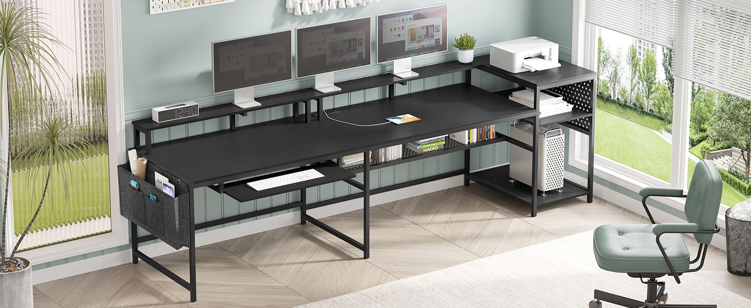 Sikaic L Shaped Reversible LED Gaming Desk With Power Outlets Strip Monitor Shelf Keyboard Tray Pegboard And Storage Shelves Furniture Modern Organization