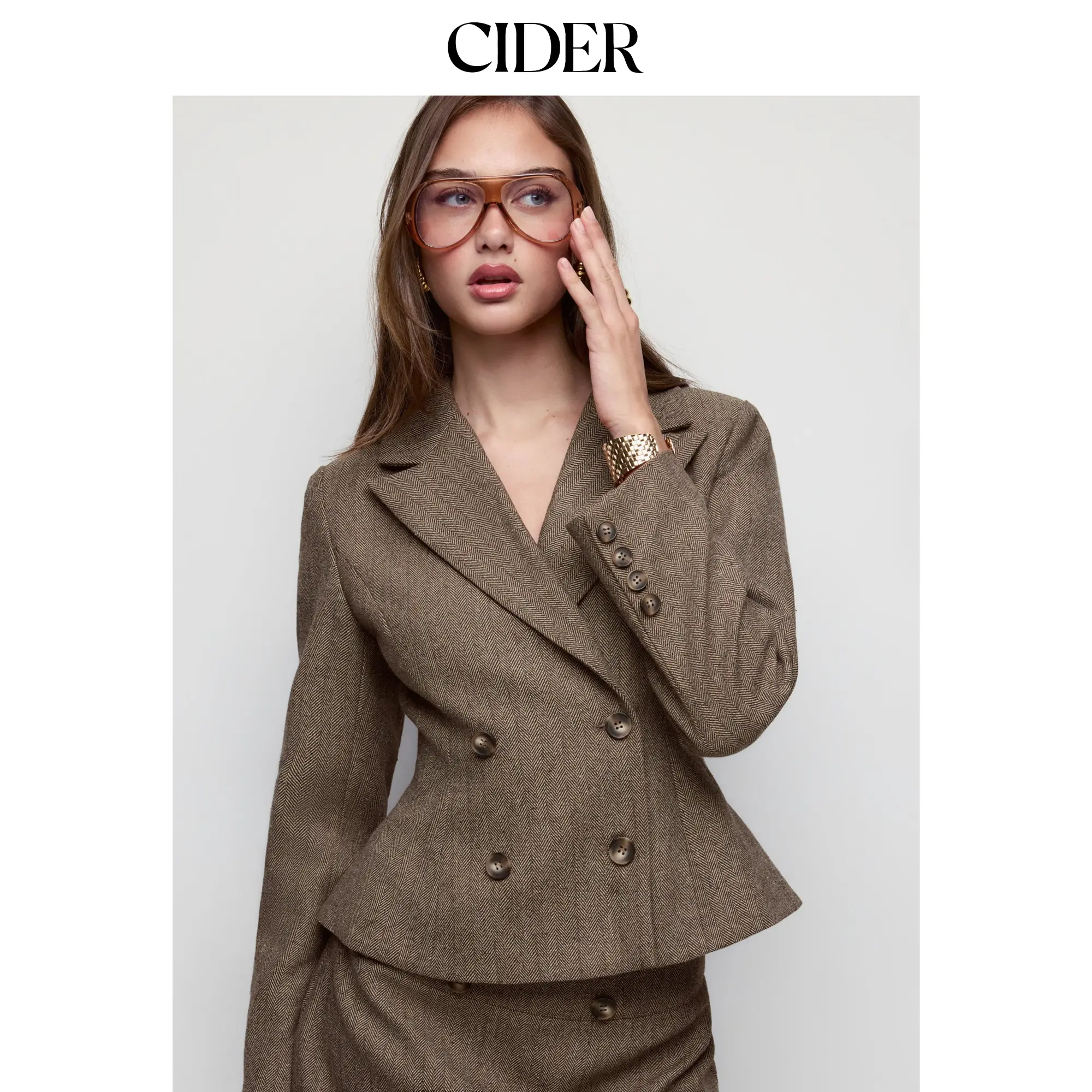 Cider Wool-look Herringbone Notched Collar Double Breasted Peplum Hem Blazer