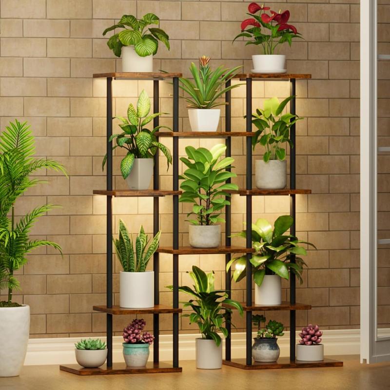 POZILAN Plant Stand with adjustable with Timer LED Grow Light: 10 Tier 39"Corner Shelf, Metal Display Storage Rack Organiser for Multiple Pot, Decor for Room, Ideal Gift Flower Artistic Design Home Decorative
