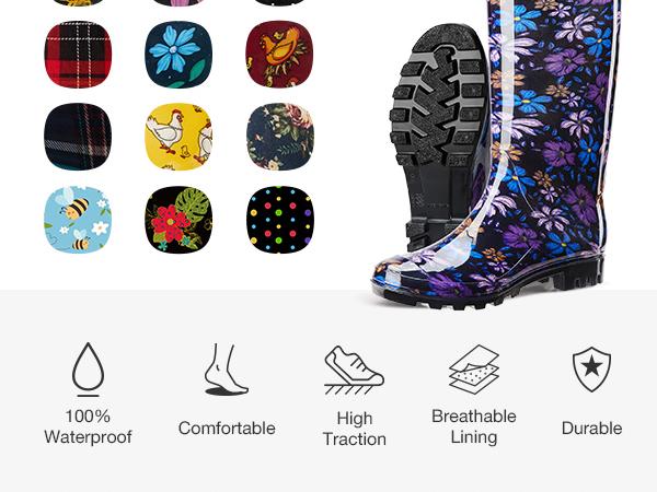 [Rain Season Must]HISEA Women's Fashion Rain Boots - Waterproof Knee-High Printed Garden Shoes with Anti-Slip Sole & Comfort Insole, Colorful Outdoor Boots