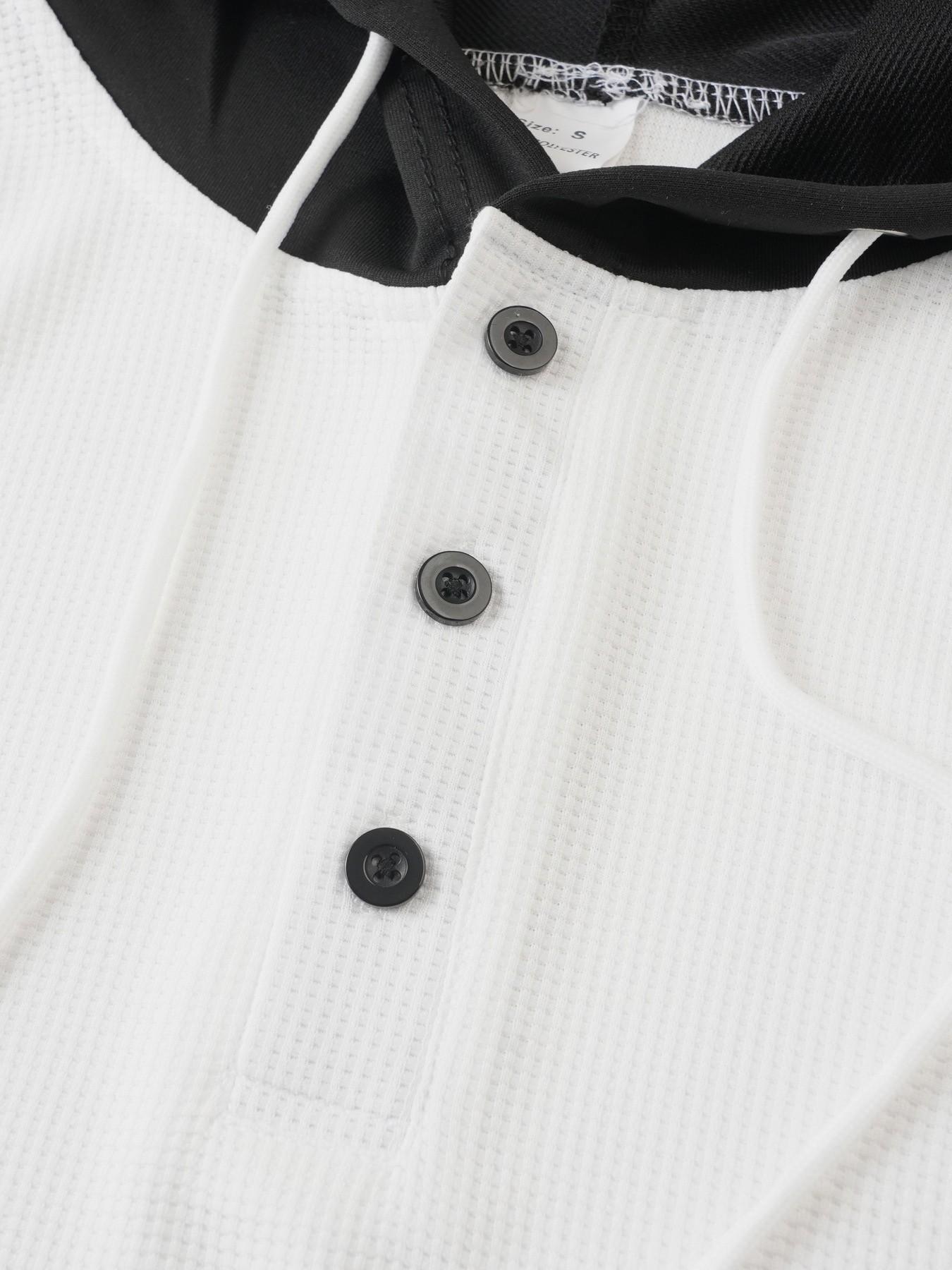 New men's waffle knit polo shirt with hood - stylish contrasting color hood and cuffs, semi-open buttoned collar, short sleeves, and fitted design. Perfect for casual outings, vacations, and daily trendy street style.