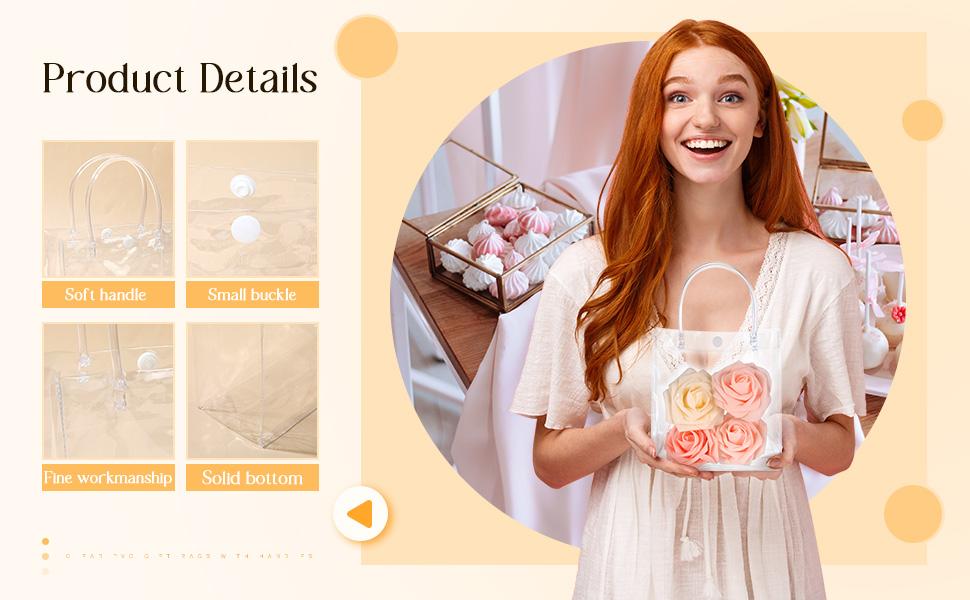 50 pcs Wedding Clear Plastic Gift Bags with Handles PVC Reusable Goodie Bags Transparent Totes Bags for Candy Flower Wedding Graduation Back to School End of Year Birthday Galentine Party